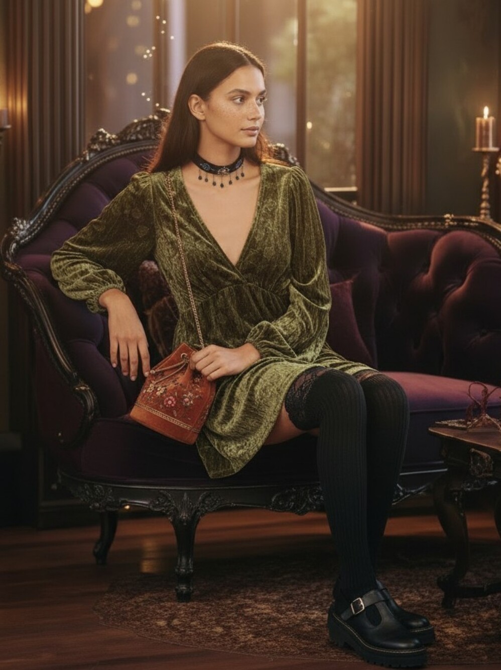 Cider Olive Velvet Floral Rose Long-Sleeve V-Neck Bohemian Whimsigoth Mini Dress - Picture 15 of 15